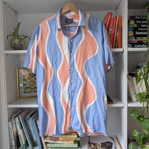 Primark Men's Shirt Button Down Short Sleeve Wave Graphic Blue Red Size Medium